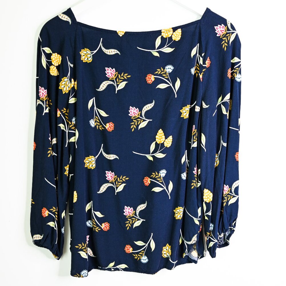 LOFT OUTLET Navy Floral Wide Neck Long Sleeve Blouse - Size Small - Picture 4 of 7